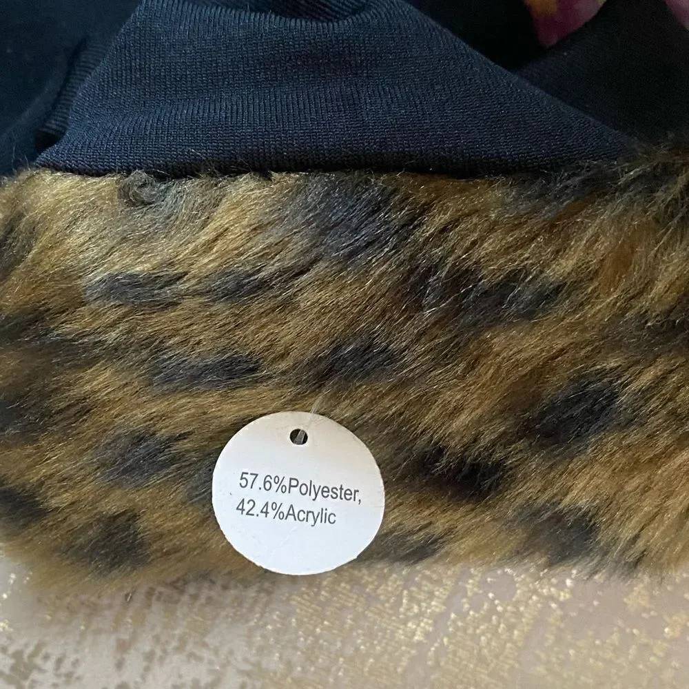 BLACK ANKLE TIGHTS w/leopard faux fur ankles. Halloween or winter wear. NWT